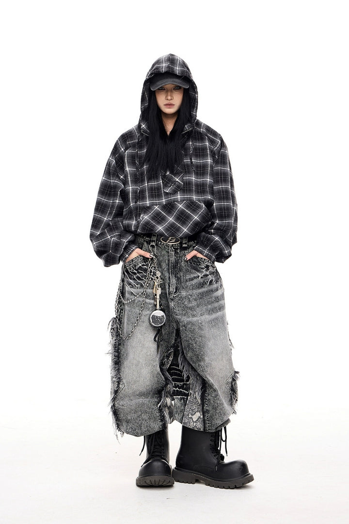 Plaid Contrast Drawstring Half-Zip Hoodie