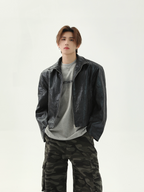 Distressed PU Leather Cropped Jacket