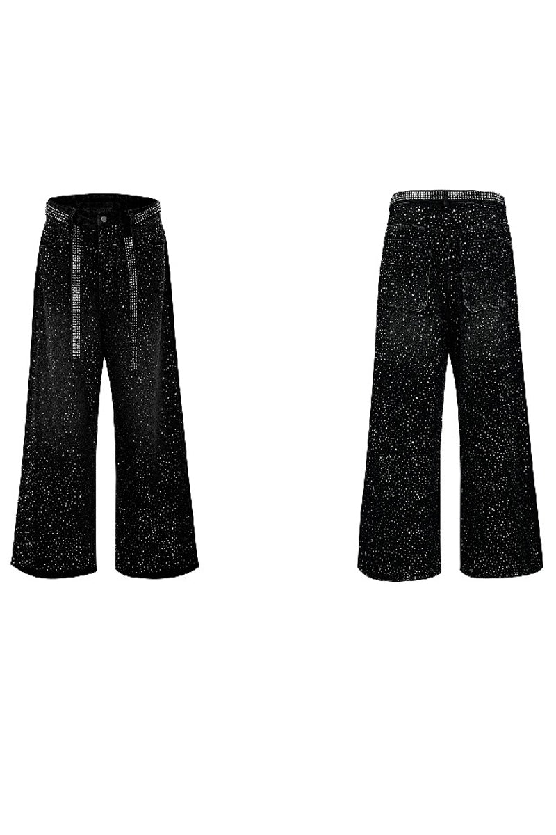 Starry Rhinestone Washed Wide-Leg Jeans