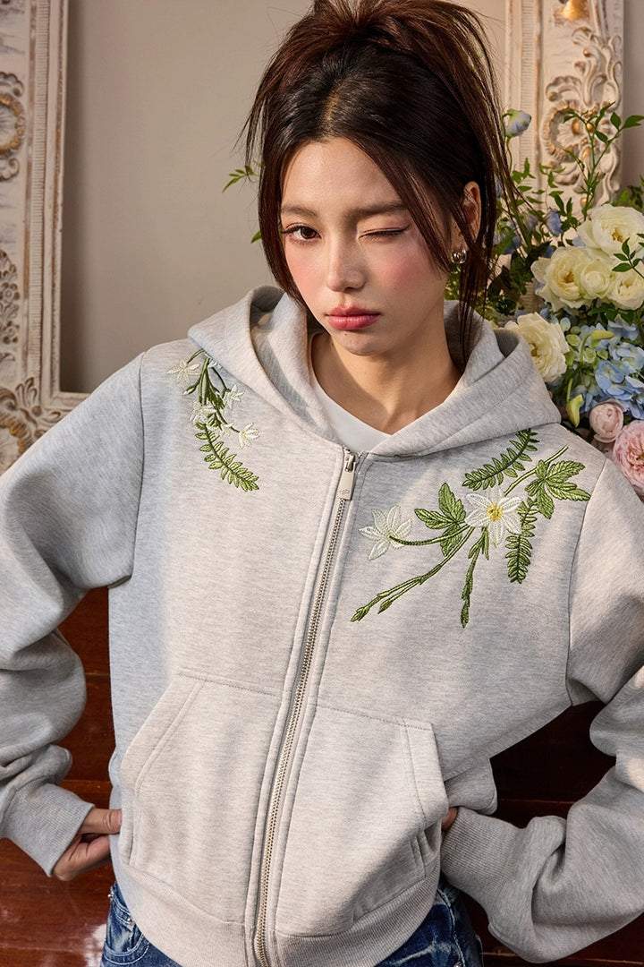 Floral Embroidery Crop Zip Hoodie