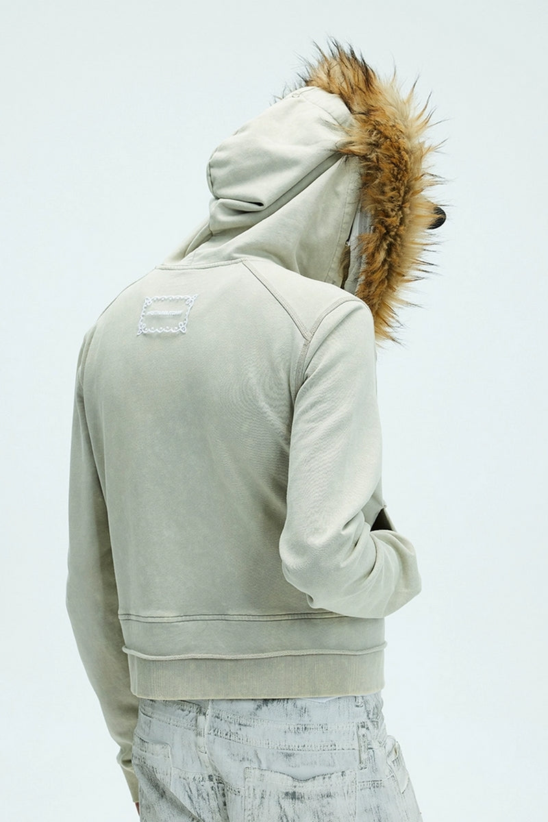 Detachable Fur Collar Washed Zip Hoodie