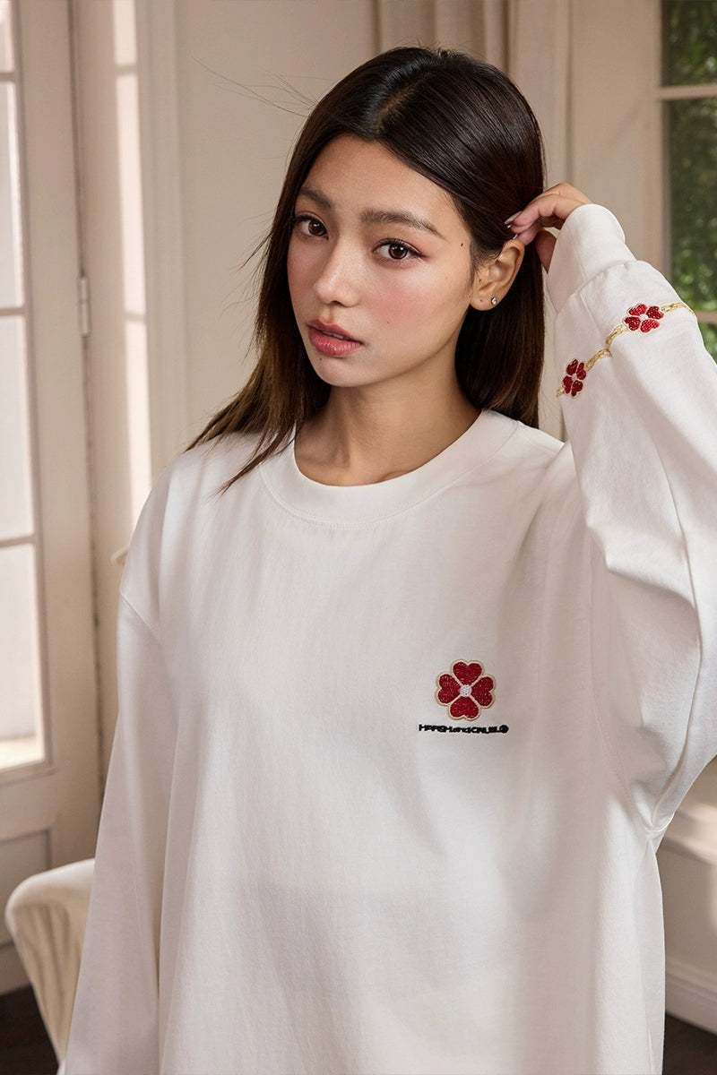 Clover Embroidery Long Sleeve Tee