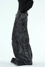 Washed Black PU Patchwork Jeans