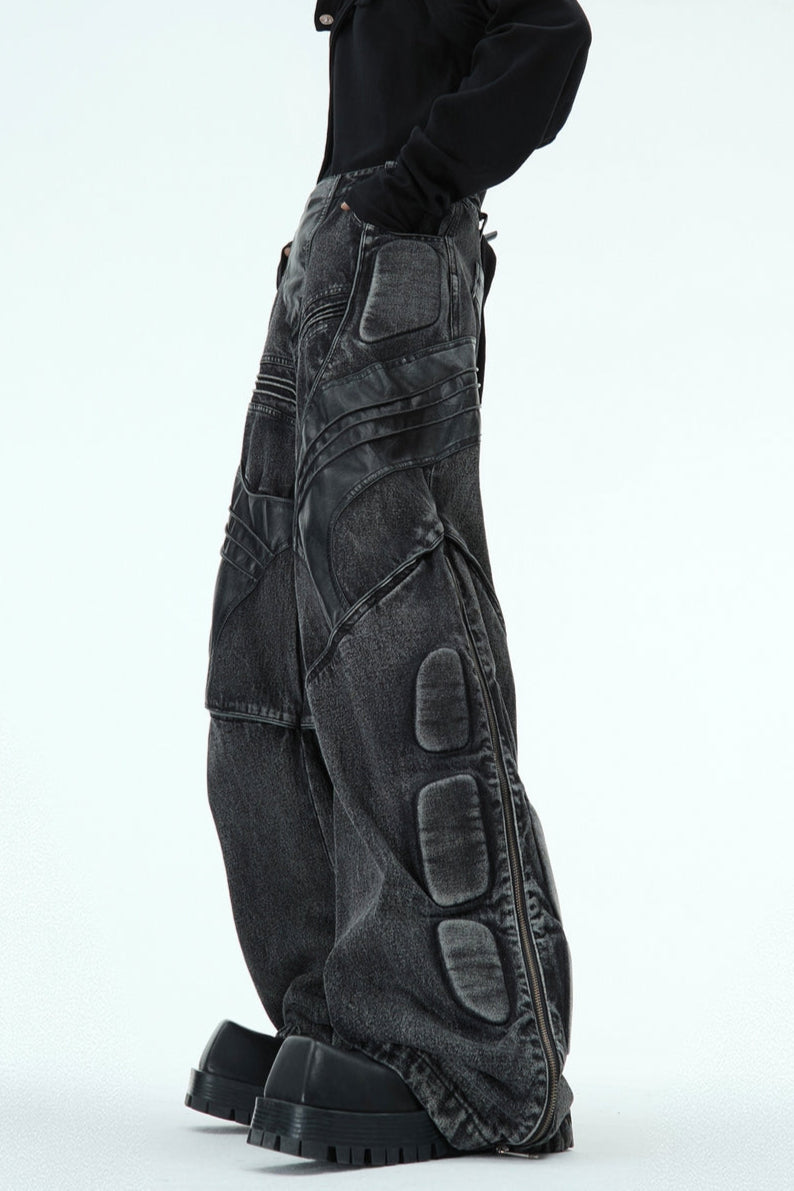 Washed Black PU Patchwork Jeans