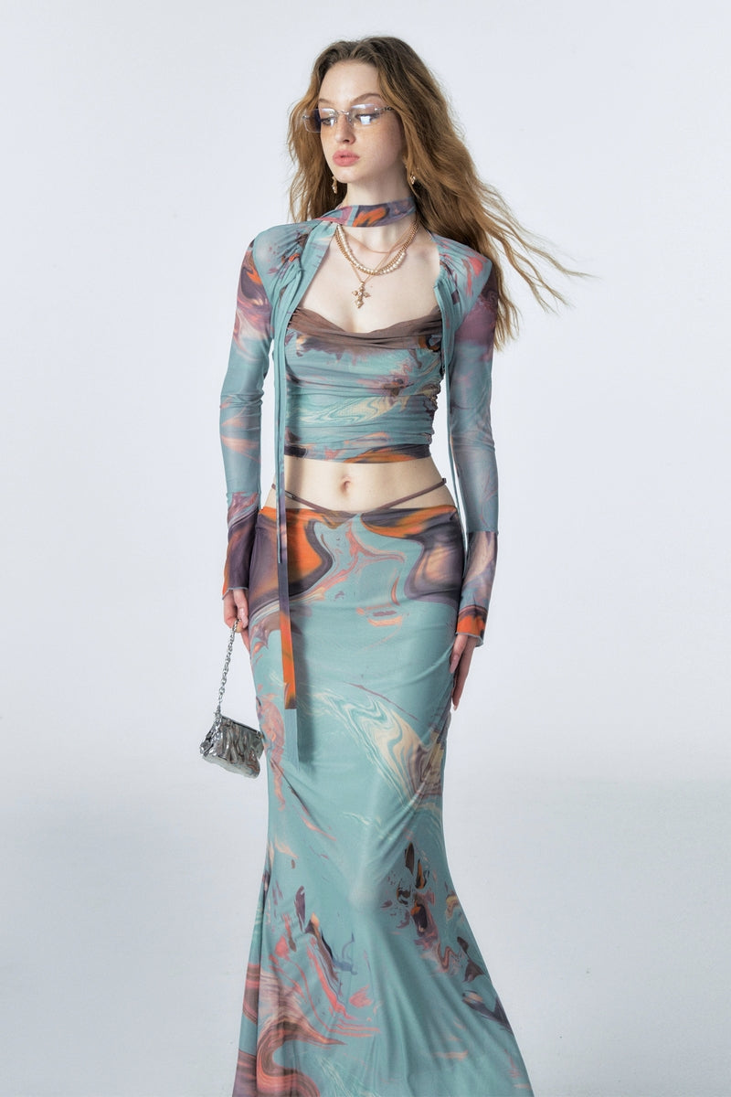 Abstract Print Camisole Skirt Set