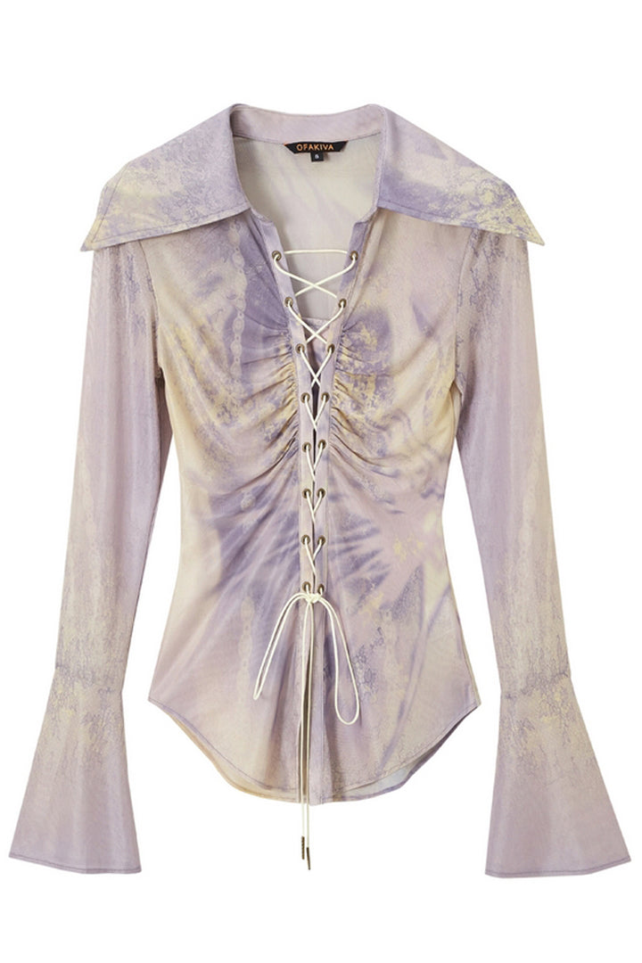 Ruched Mesh Print Shirt