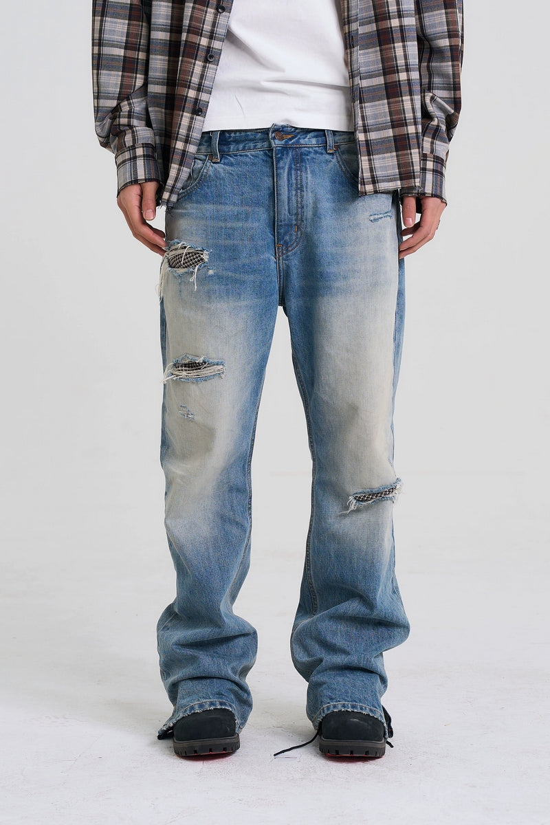 Distressed Patchwork Straight Jeans