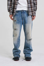 Distressed Patchwork Straight Jeans