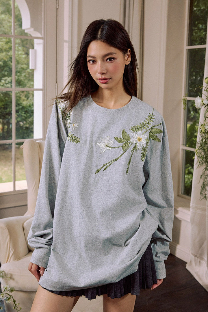 Floral Embroidered Oversized Long Sleeve Tee