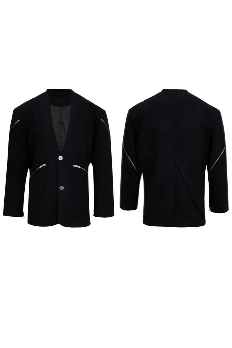 Deconstructed Double-Zip Collarless Blazer