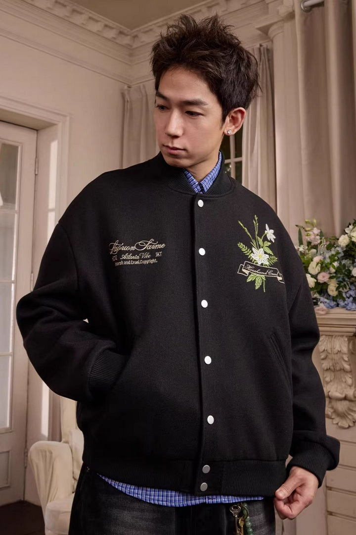 Floral Script Embroidery Varsity Jacket