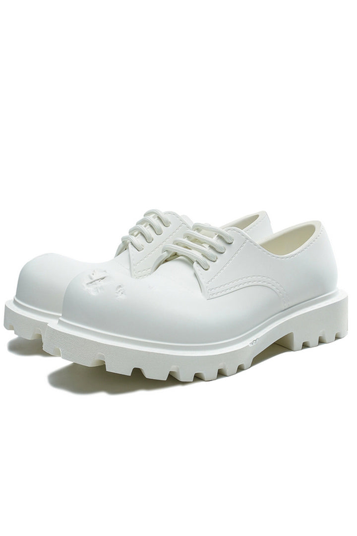 White Dented Platform Derby Shoes