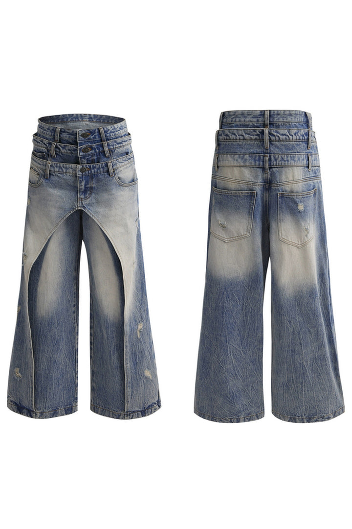 Layered Distressed Washed Blue Jeans