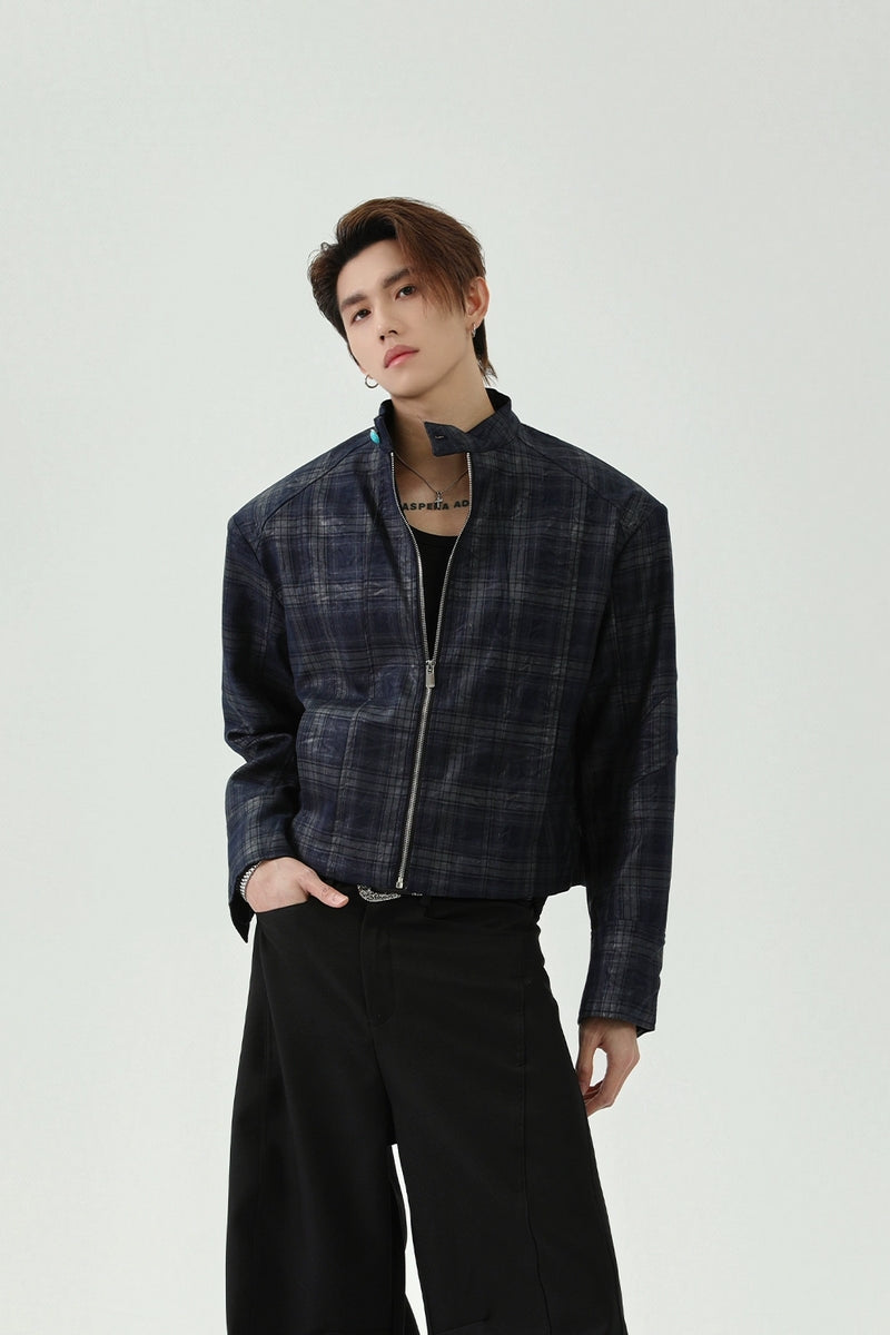 Plaid Stand Collar Padded Shoulder Jacket