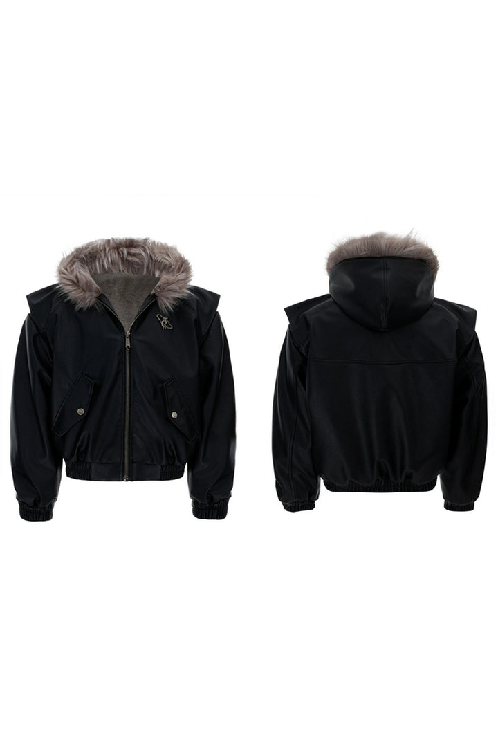 Reversible Faux Fur Hooded PU Jacket