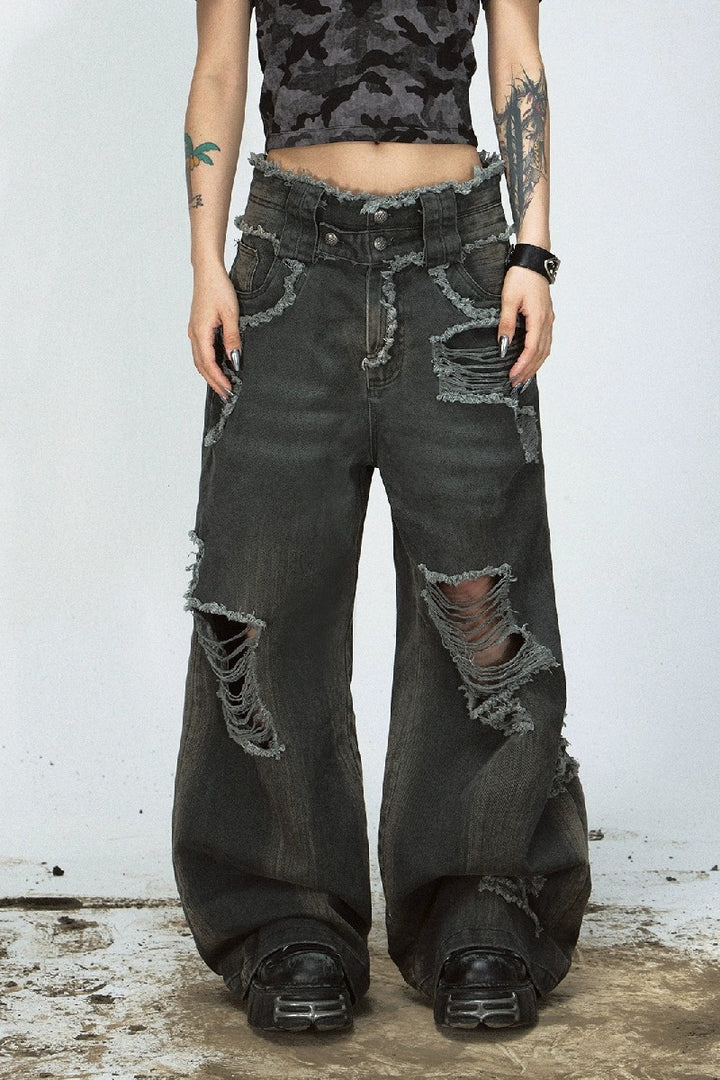 Frayed Distressed Loose Fit Jeans