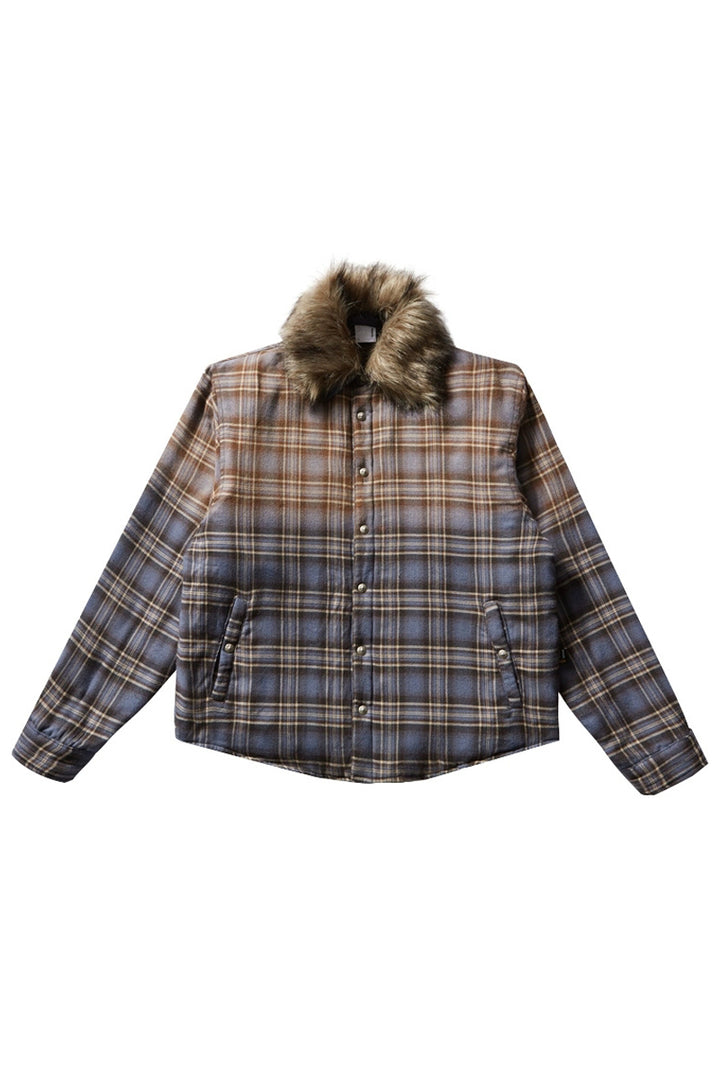 Gradient Plaid Faux Fur Puffer Jacket