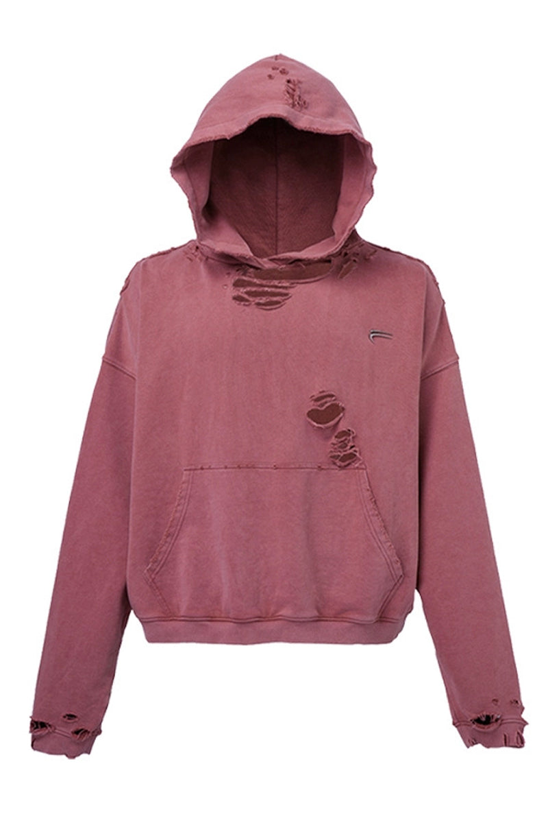 Distressed Solid Color Logo Hoodie