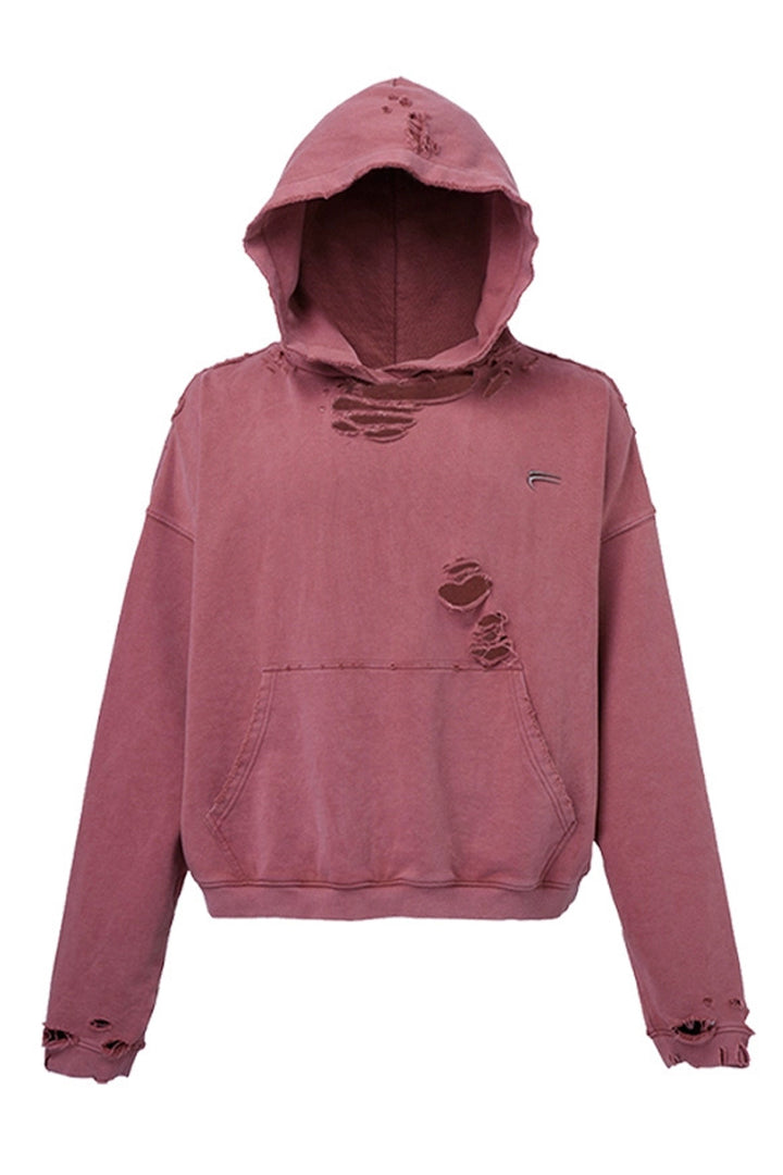 Distressed Solid Color Logo Hoodie