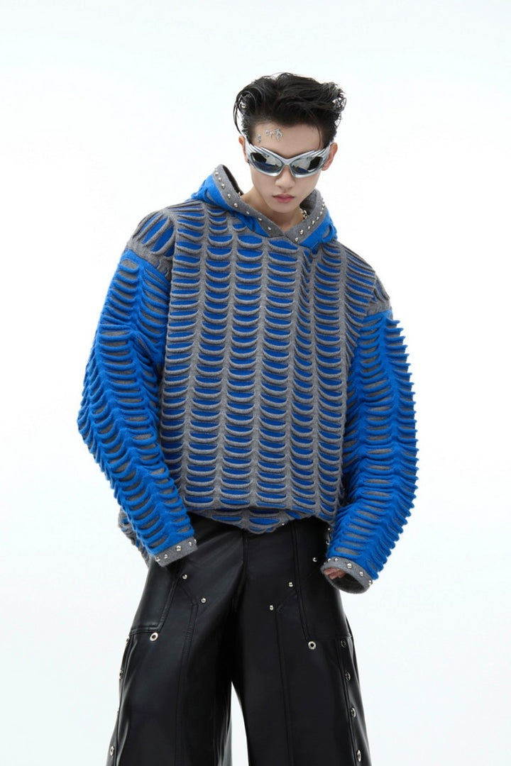 Distressed Patchwork Knit Hoodie with Metal Studs