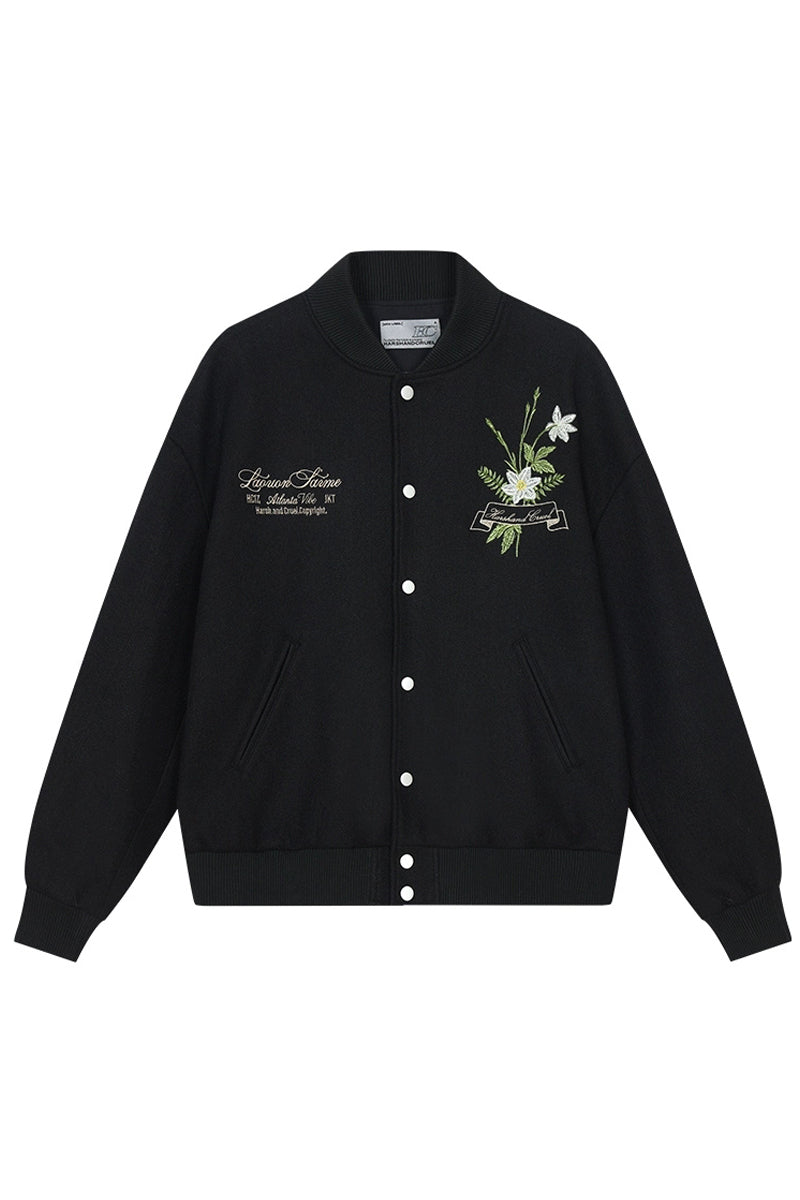 Floral Script Embroidery Varsity Jacket