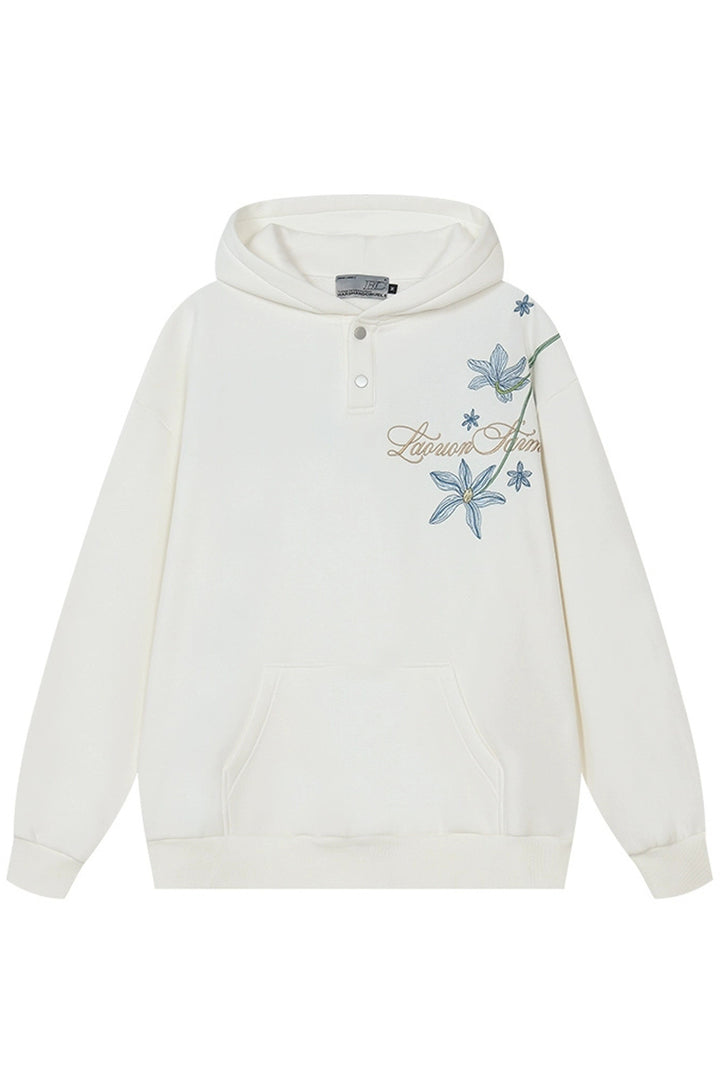 Blue Floral Embroidery Henley Hoodie