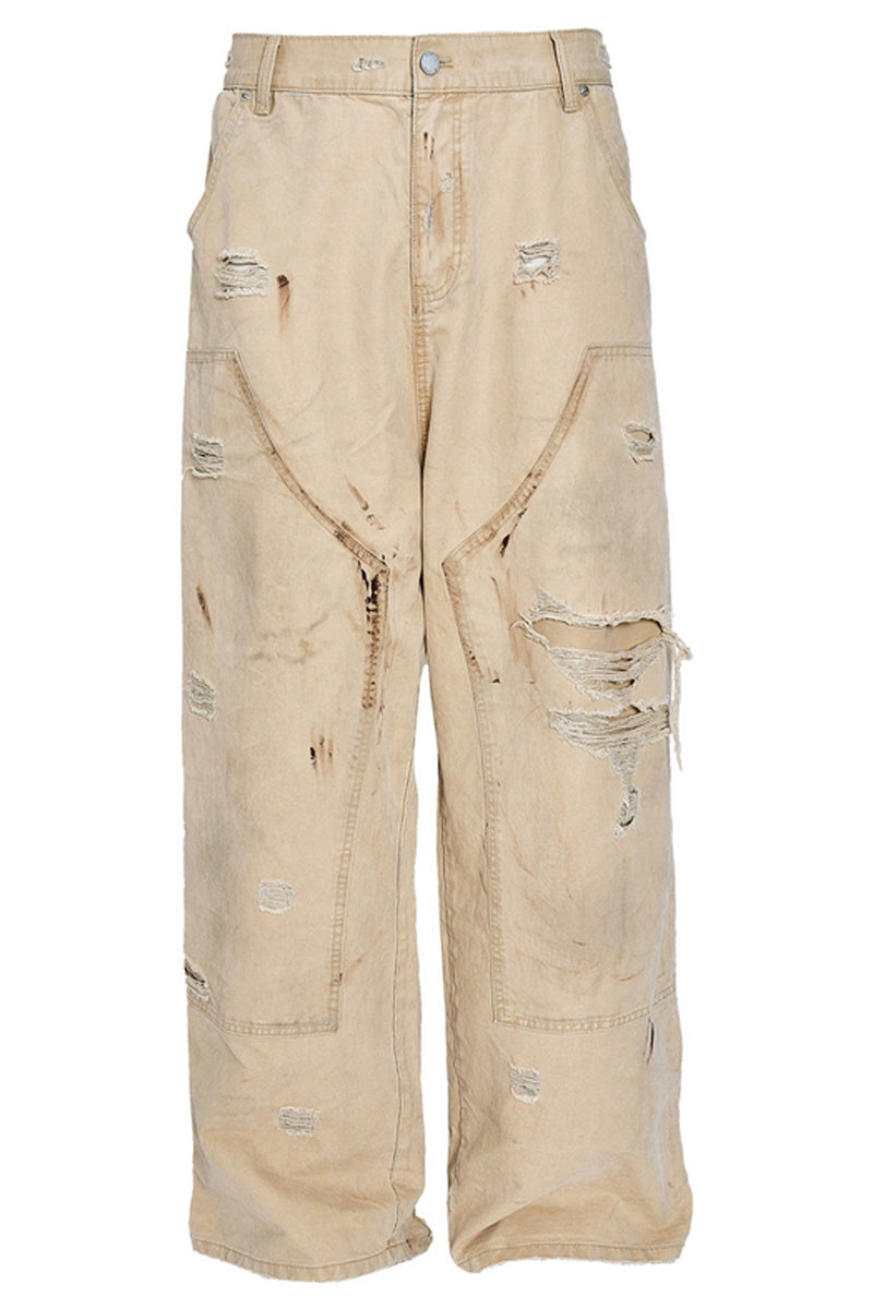 Distressed Washed Straight Leg Work Pants