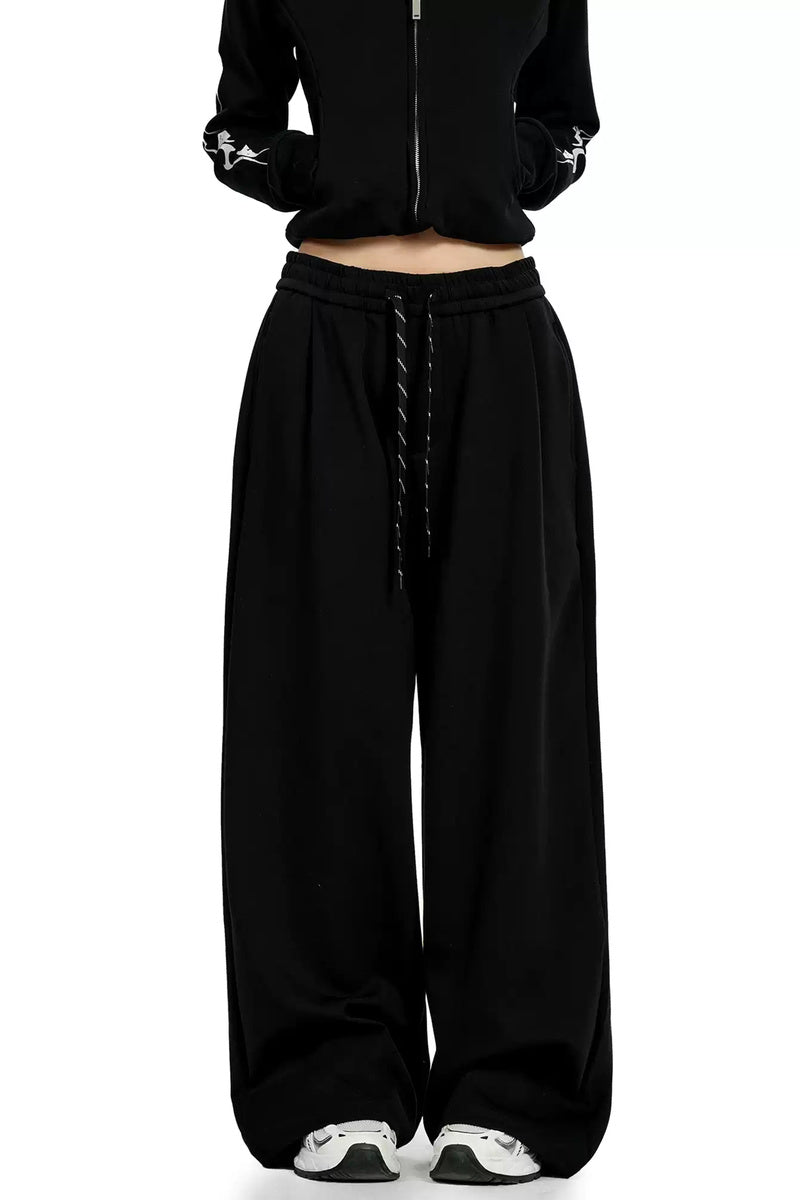 Drawstring Wide Leg Sweatpants - Black