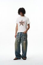 Splatter Embroidered Drawstring Jeans