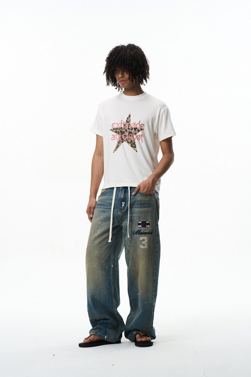 Splatter Embroidered Drawstring Jeans