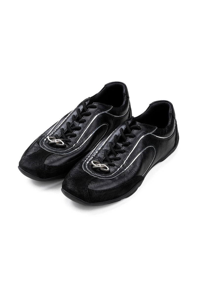 Eel Effect Leather Trainers - Black - three-quarter pair view