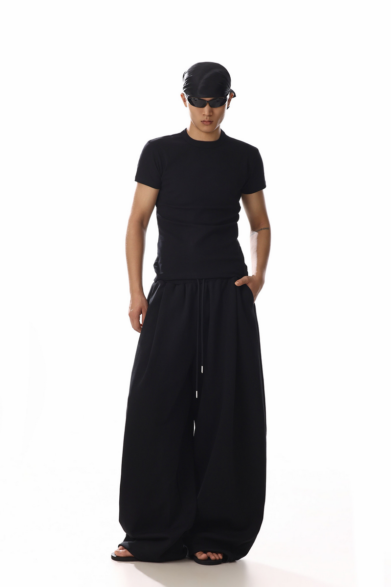 Drawstring Black Barrel Leg Sweatpants