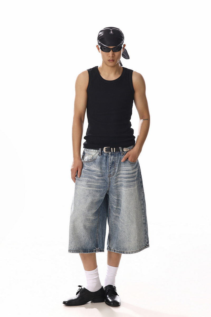 Distressed Whisker Cropped Jeans