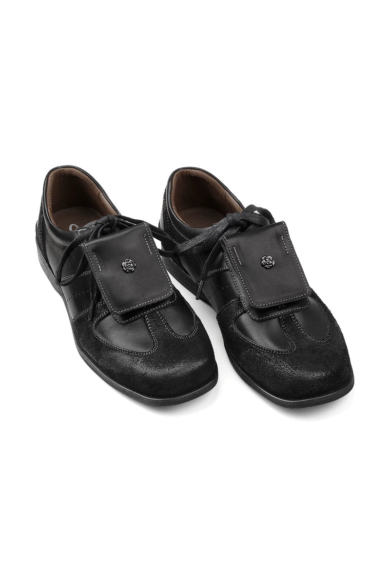 Flap Front Horsehide Trainers - Black - three-quarter pair view