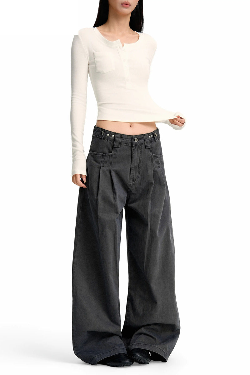 Front Pleat Wide Leg Jeans - Gray