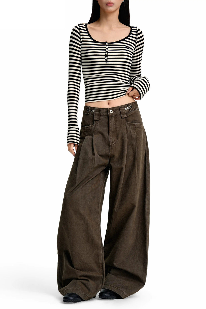 Front Pleat Wide Leg Jeans - Cocoa