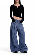Front Pleat Wide Leg Jeans - Blue