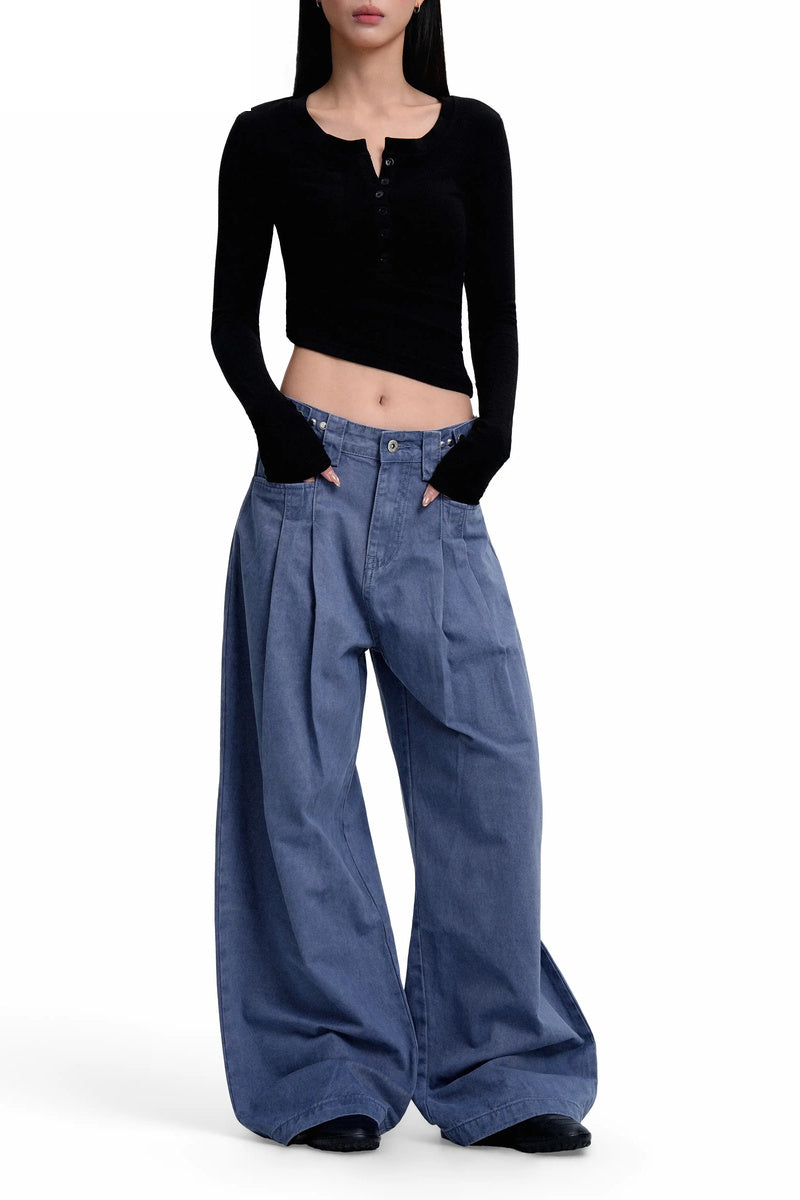 Front Pleat Wide Leg Jeans - Blue