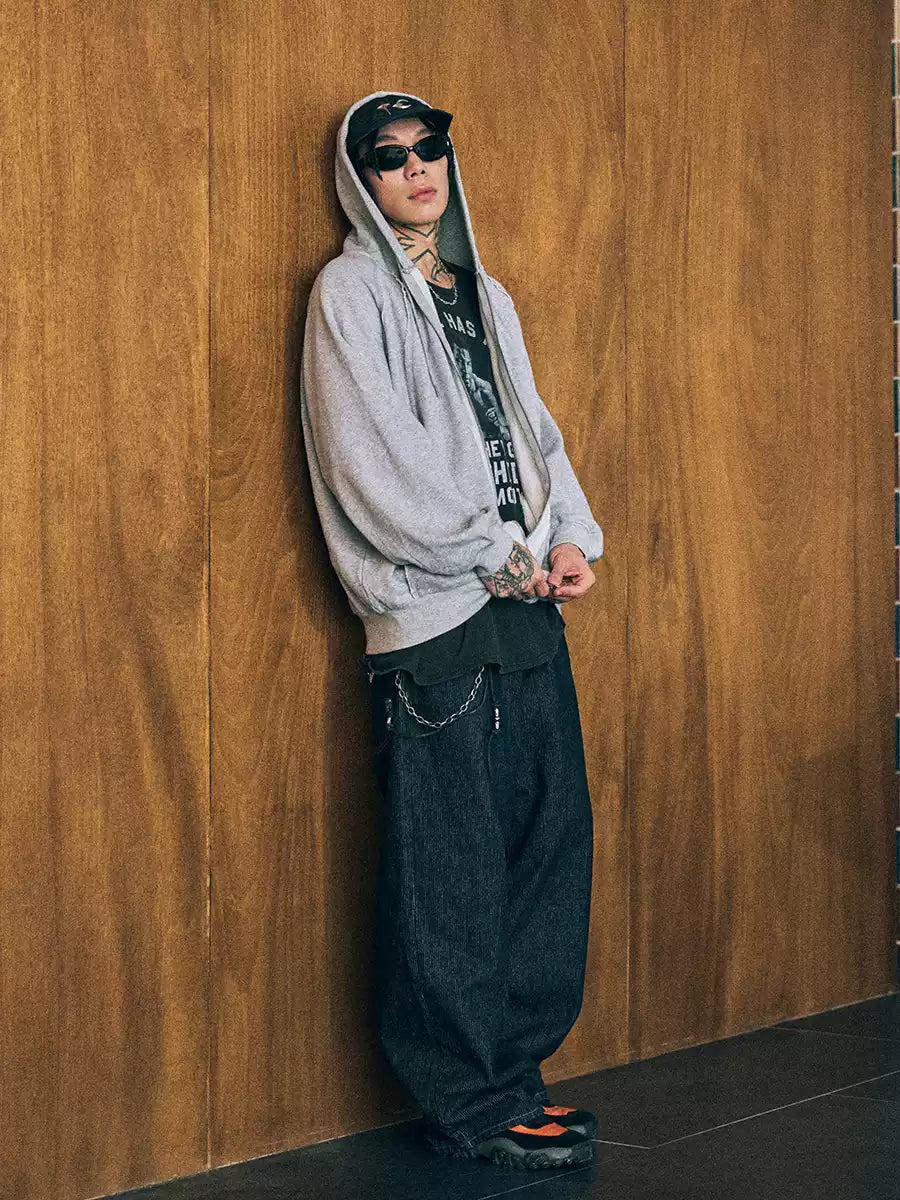 Glitter Panel Zip Hoodie — Grey, full-length model view