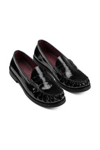 Glossy Gathered Leather Loafers - Black - three-quarter pair view