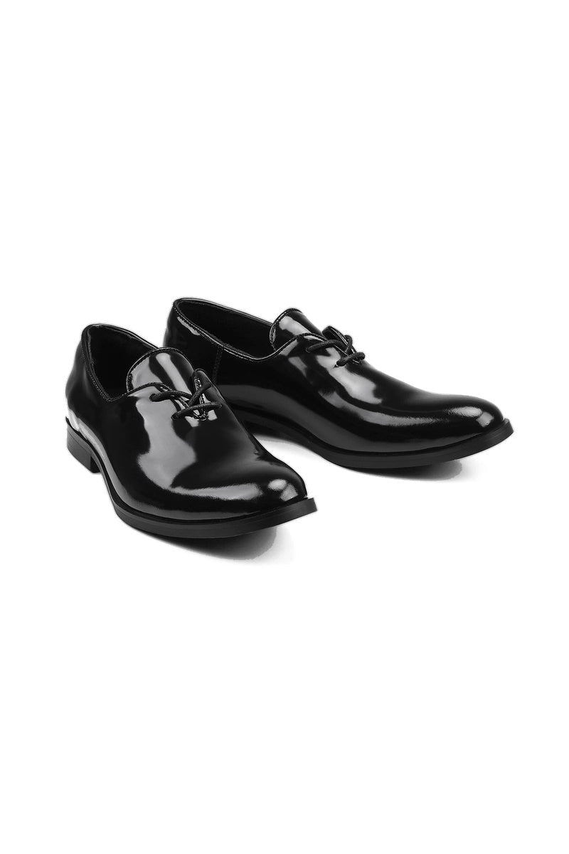 Glossy Pointed Leather Shoes — three-quarter pair view — Black