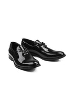 Glossy Pointed Leather Shoes — three-quarter pair view — Black