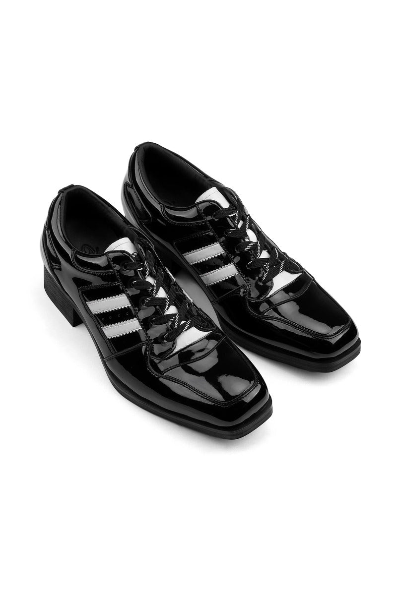 Glossy Stripe Leather Derby Shoes - Black (Men) - three-quarter pair view
