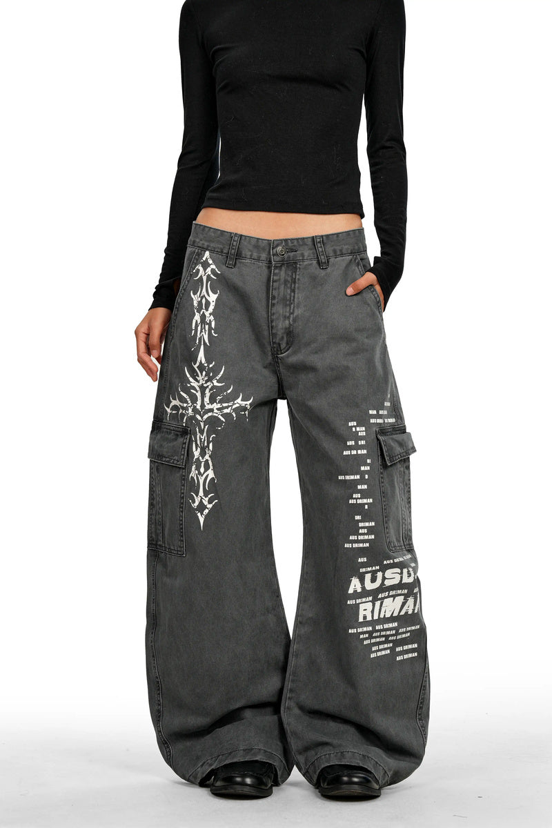 Graphic Print Curved Cargo Pants - Gray