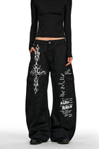 Graphic Print Curved Cargo Pants - Black