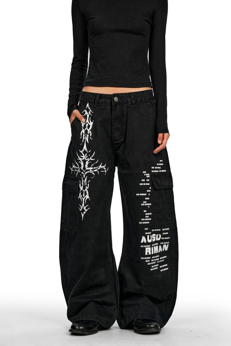 Graphic Print Curved Cargo Pants - Black