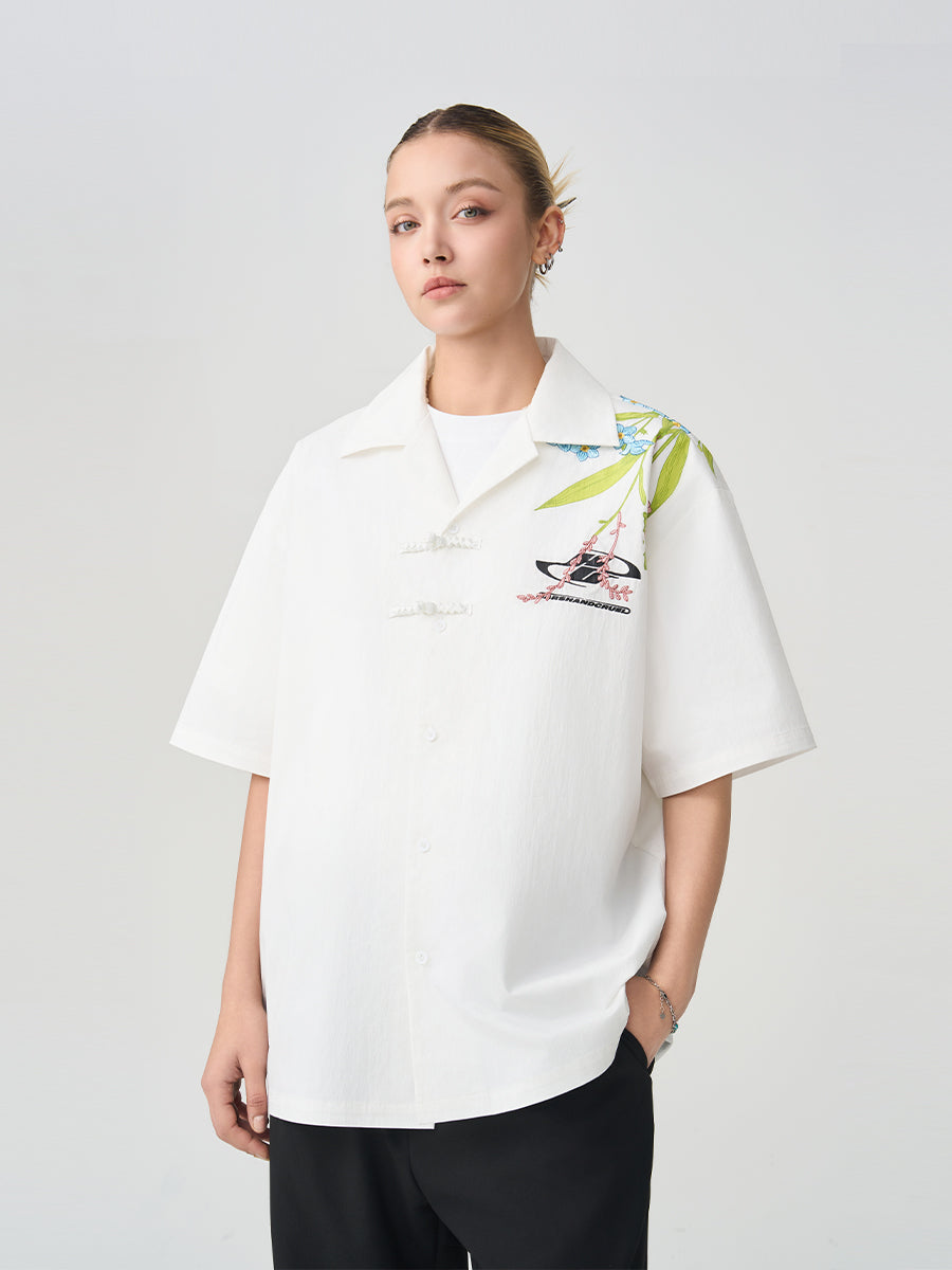 Floral Embroidery Knots Cuban Shirt