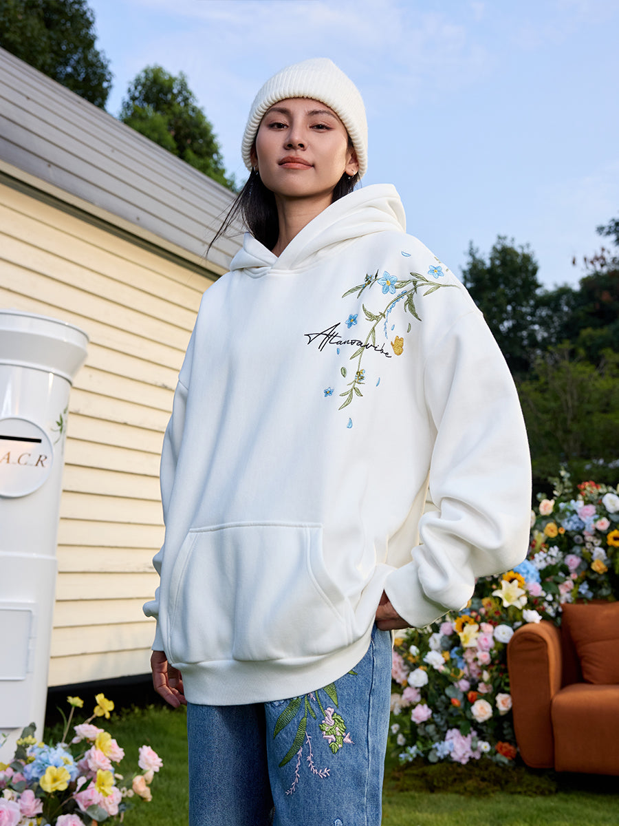 【GRAVER】Street Flower Embroidery Half-Up Clip Sweatshirt UNISEX] White flower embroidery half zip-up clip Collar