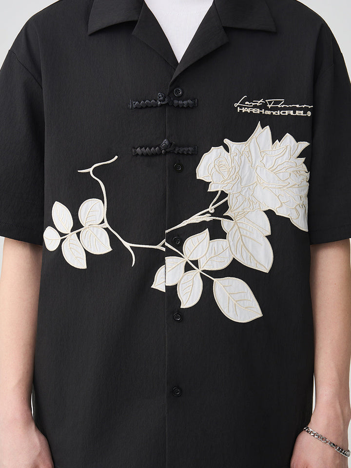 Rose Patches Embroidered Cuban Shirt