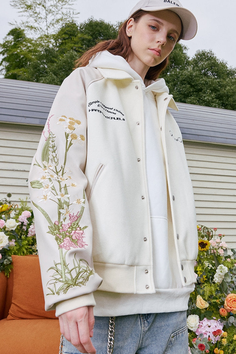 Floral Embroidered Sleeves Varsity Jacket